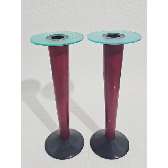 Vintage Post Modern Candlestick Holders Memphis Design Wood Italian 80s Marble - Picture 1 of 15